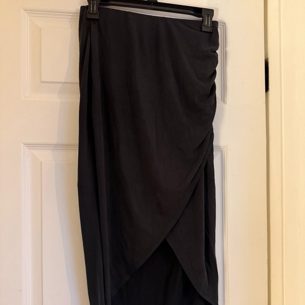 Black Wrap Midi Skirt | Size Medium | Asymmetrical Draped Hem